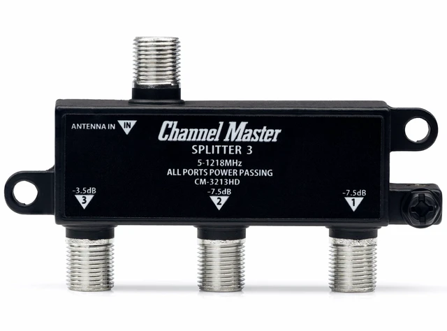 Main image of 3-Way Splitter Distributes Digital HDTV Antenna Signal to 3 TVs, One Input and Three Outputs, Power Passing for Preamplifiers and Boosters, Low-Loss Design, Indoor/Outdoor