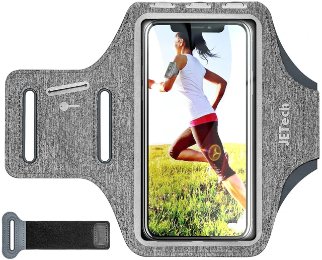 Main image of Phone Armband Holder with Key Holder and Card Slot for Phone Upto 6.2 inch, iPhone 16e/16/15 Pro/15/14 Pro/14/13 Pro/13, Galaxy S23/S22, Pixel 8a, Water Resistant, Adjustable Band (Grey)