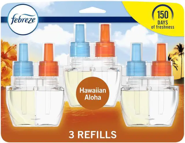 Main image of Febreze Plug in Air Freshener, Odor-Fighting Scented Oil Refill, Air Fresheners for Home and Bathroom and Kitchen, Long Lasting for Strong Odors, Hawaiian Aloha Scent, 0.87oz Refills, 3 Count