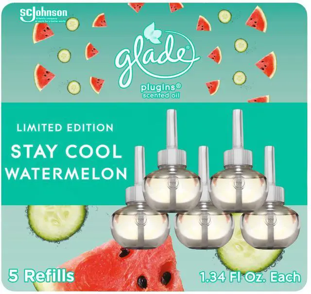Main image of PlugIns Refills Air Freshener, Scented and Essential Oils for Home and Bathroom, Stay Cool Watermelon, 3.35 Fl Oz, 5 Count