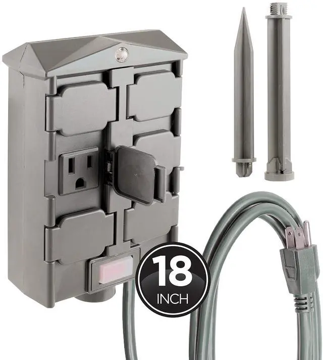 Main image of Outdoor 6 Outlet Yard Stake Timer, Plug-in, Dusk to Dawn Photocell, Weather Resistant, Heavy-Duty Grounded Outlets, Idea for String Lights, Landscape, Seasonal, 53772 , Green