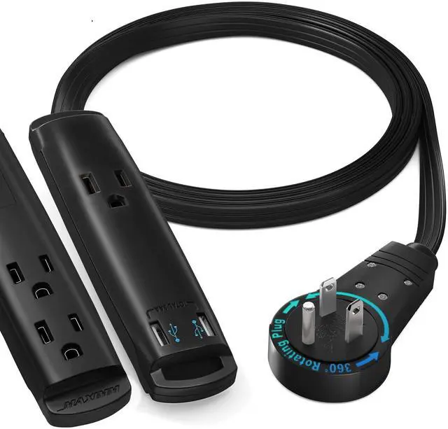 Main image of 1FT Extension Cord with USB Ports, 360 Rotating Flat Plug, 3-Outlet (2 USB Ports), Grounded (Black)