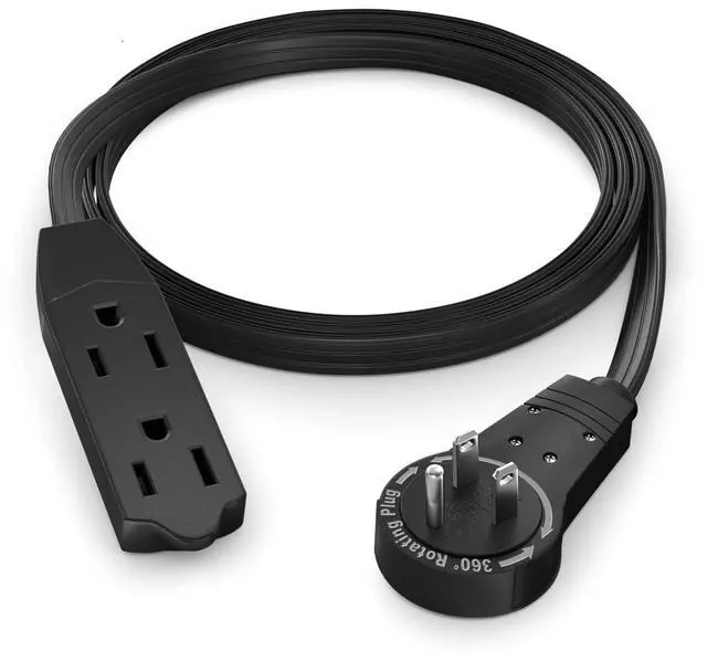 Main image of Cable 3 Ft 360° Rotating Flat Plug Extension Cord/Wire, 16 AWG Multi 3 Outlet Extension Wire, 3 Prong Grounded Wire - Black - UL Certified