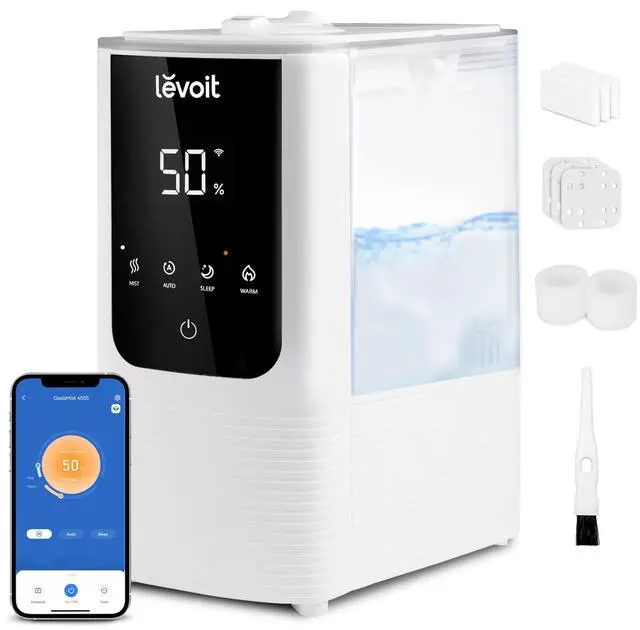 Main image of Humidifiers for Bedroom Home, Smart Warm and Cool Mist Air Humidifier for Large Room, Auto Customized Humidity, Fast Symptom Relief, Easy Top Fill, Essential Oil, Quiet, OasisMist4.5L, White
