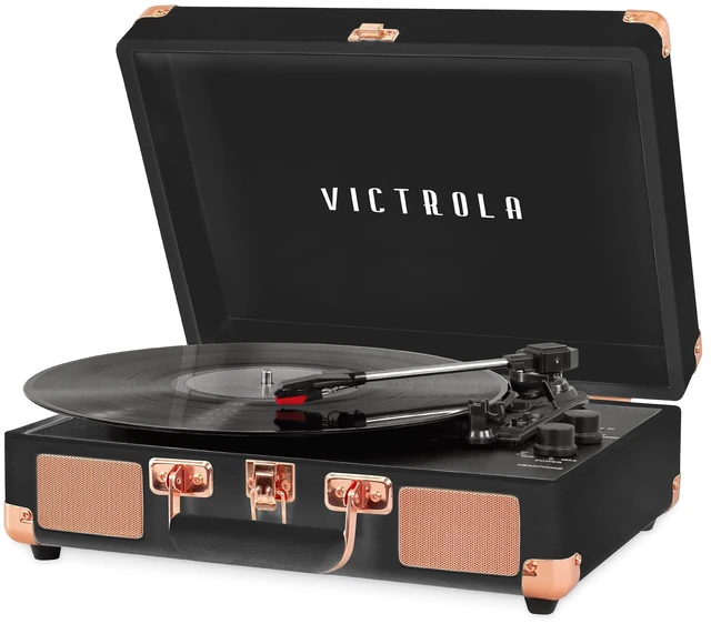 Main image of Journey - Bluetooth Suitcase Record Player - Black Rose Gold Built-in stereo speakers, 3-speed turntable plays 7", 10" and 12" records, Bluetooth streaming, headphone jack