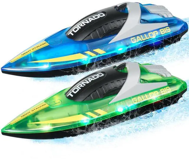 Alt view image 15 of 15 - RC Boat, 2 Pack 2.4GHz 12 km/h, Remote Control Boat for Pools & Lakes, Racing Boat with LED Light, 4 Rechargeable Batteries, Whole Body Waterproof, Gift for Adults Boys & Girls, Blue & Green