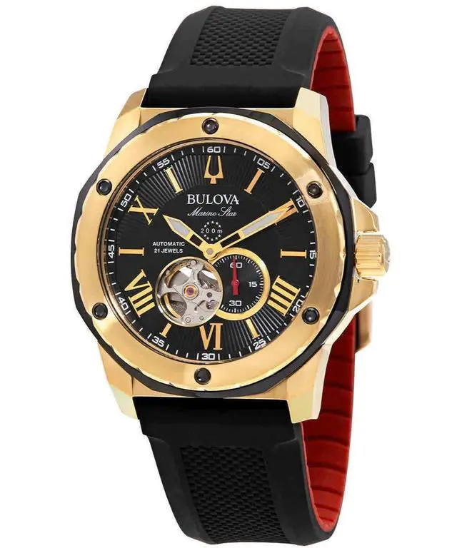 Alt view image 12 of 12 - Bulova Marine Star Mens Gold Plated Stainless Automatic Watch 98A272