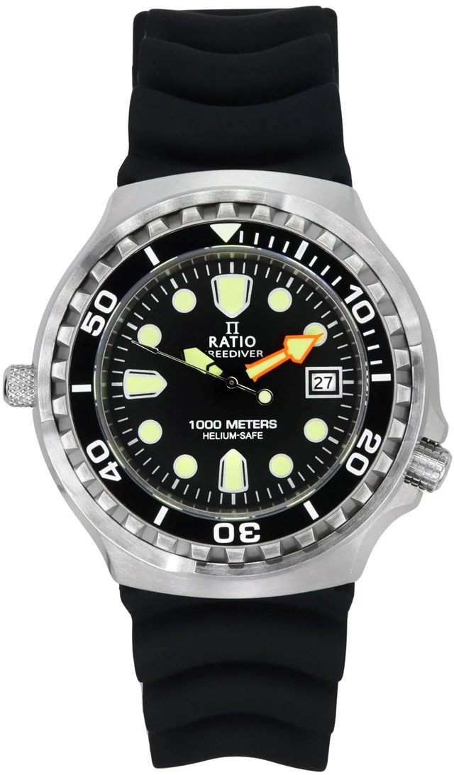 Alt view image 5 of 5 - RATIO FreeDiver Version 02 Helium Safe 1000M Sapphire Crystal Quartz Black Dial 1038EF102V-BLK-V02 Mens Watch
