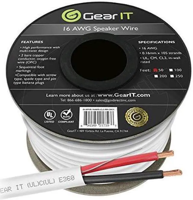 Alt view image 7 of 8 - 16 Gauge CL2 OFC Speaker Wire, GearIT Pro Series 16AWG (50 Feet / 15.24 Meters / White) Oxygen Free Copper UL CL2 Rated In-Wall Speaker Wire Cable for Home Theater and Car Audio Use