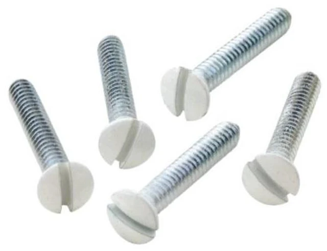 Main image of leviton 88500prt 7/8inch long 632 thread, oval head milled slot replacement wallplate screws, white