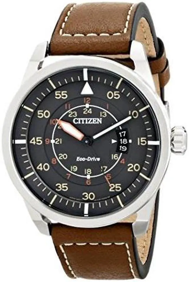 Alt view image 18 of 19 - Citizen AW1361-10H Men's Avion Eco-Drive Charcoal Dial Brown Leather Strap Watch