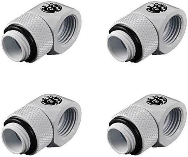 Main image of Bitspower G1/4" Male to Female Extender Fitting, 90 Degree Rotary, Deluxe White, 4-pack