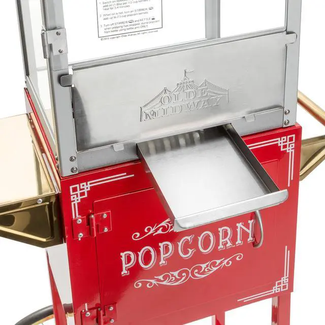 Alt view image 6 of 7 - Olde Midway Vintage Style Popcorn Machine Maker Popper with Cart and 6-Ounce Kettle - Red