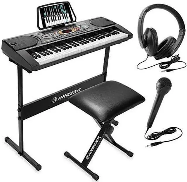 Alt view image 7 of 7 - Hamzer 61-Key Electronic Keyboard Portable Digital Music Piano with H-Stand, Stool, Headphones, Microphone, & Sticker Set