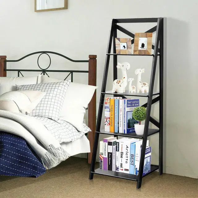 Alt view image 5 of 7 - Costway 4-Tier Ladder Shelf Bookshelf Bookcase Storage Display Leaning Home Office Decor
