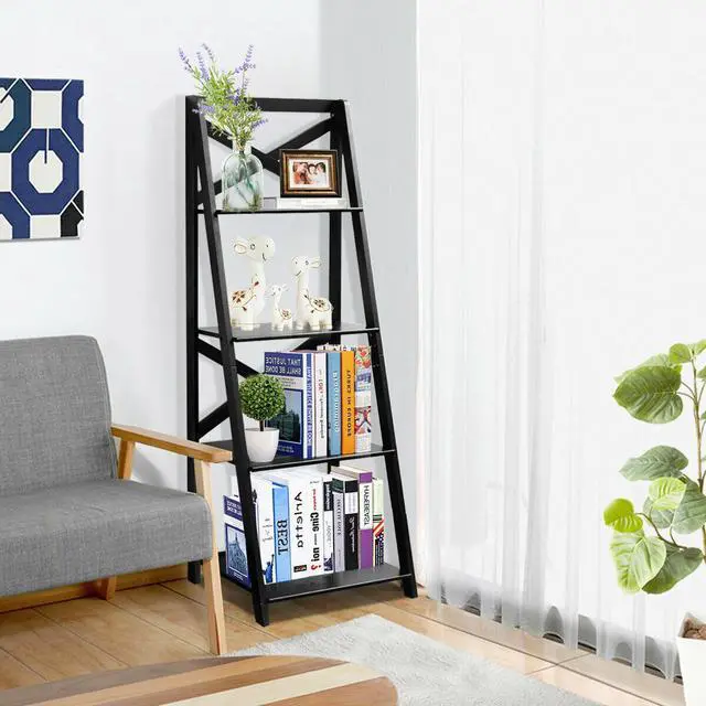 Alt view image 3 of 7 - Costway 4-Tier Ladder Shelf Bookshelf Bookcase Storage Display Leaning Home Office Decor