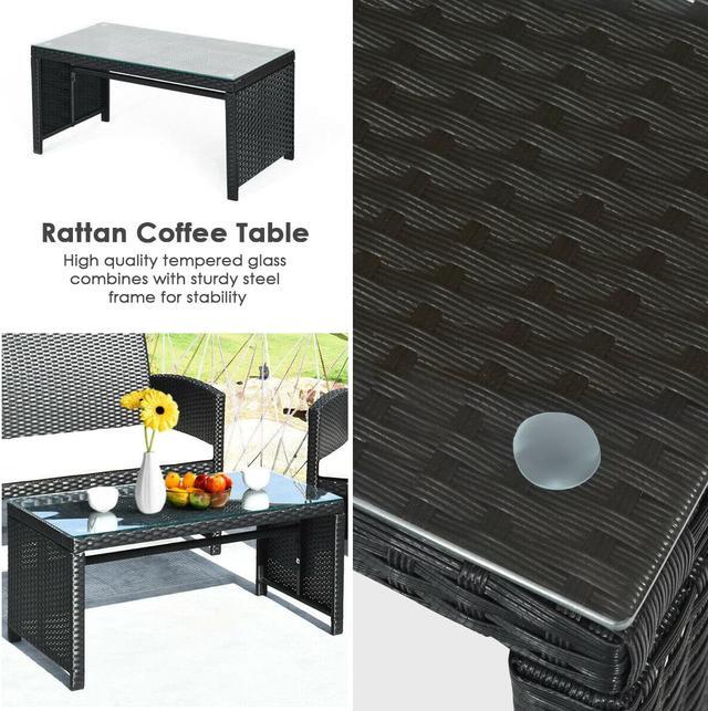 Alt view image 6 of 7 - Goplus 4PCS Patio Rattan Furniture Conversation Set Cushioned Sofa Table Garden Black