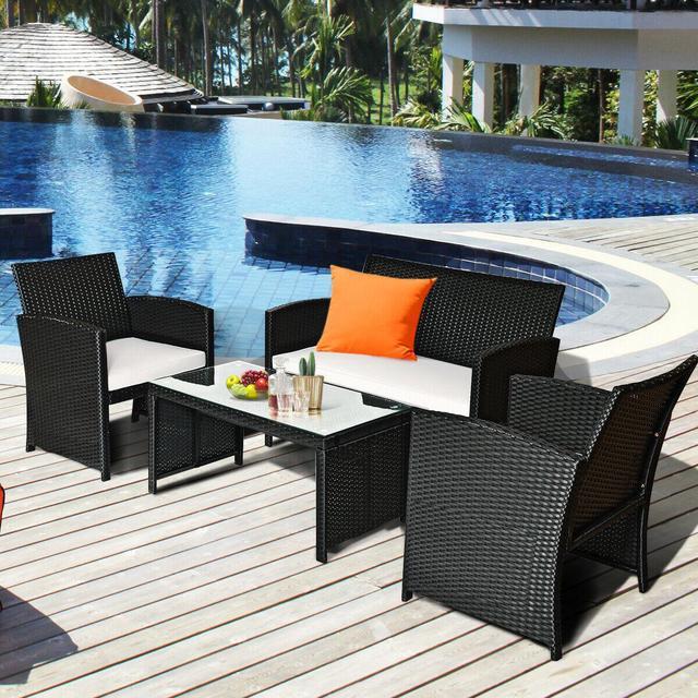 Alt view image 4 of 7 - Goplus 4PCS Patio Rattan Furniture Conversation Set Cushioned Sofa Table Garden Black