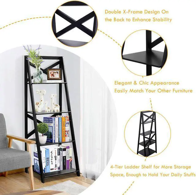 Alt view image 7 of 7 - Costway 4-Tier Ladder Shelf Bookshelf Bookcase Storage Display Leaning Home Office Decor
