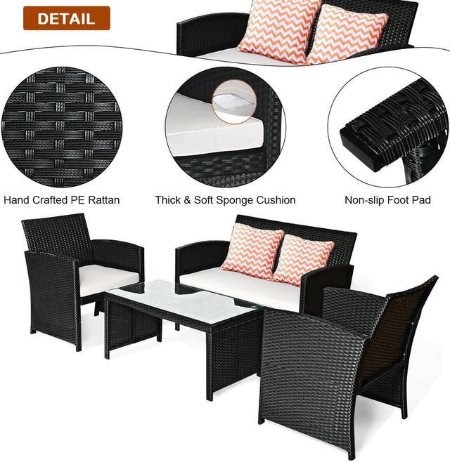 Alt view image 5 of 7 - Goplus 4PCS Patio Rattan Furniture Conversation Set Cushioned Sofa Table Garden Black
