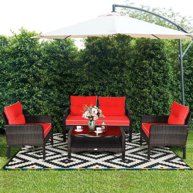 Alt view image 4 of 7 - Costway 4PCS Patio Rattan Furniture Set Loveseat Sofa Coffee Table Garden W/Red Cushion