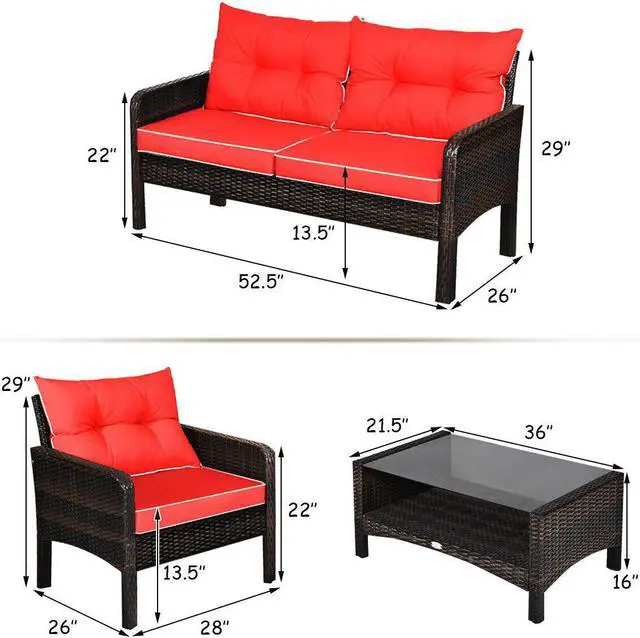 Alt view image 3 of 7 - Costway 4PCS Patio Rattan Furniture Set Loveseat Sofa Coffee Table Garden W/Red Cushion