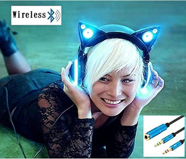 New Edition Wireless Cat Ear Headphones (12 Color Changing) With Speakers &  3.5Mm Jack, Type-C Charging, Bluetooth&Wired Connection (Black)