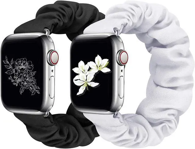 Main image of 2 Pcs Scrunchie Apple Watch Band For Women, 38Mm 40Mm 42Mm 44Mm Apple Watch Bands, Cute Apple Watch Bands For Series 5/4/3/2/1 (S-38/40 Black+White)