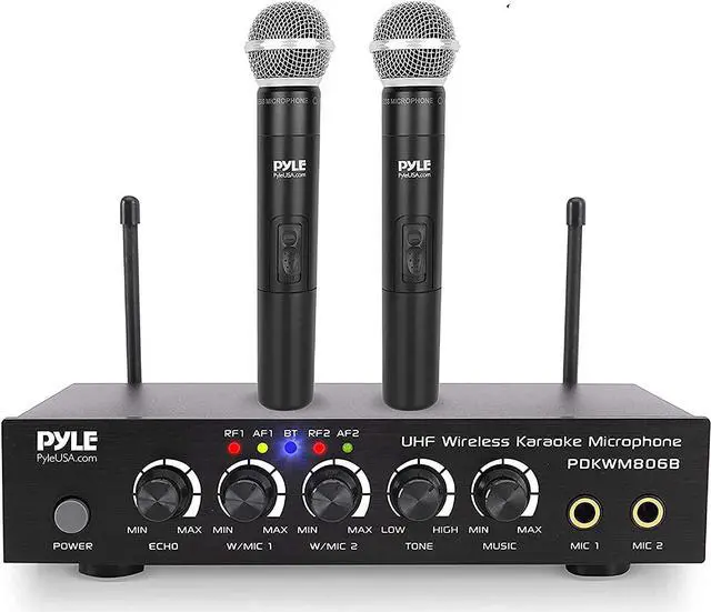 Alt view image 6 of 12 - Portable UHF Wireless Microphone System - Battery Operated Dual Bluetooth Cordless Microphone Set, Includes 2 Handheld Transmitter Mic, Mixer Receiver, RCA, for PA Karaoke DJ Party - Pyle