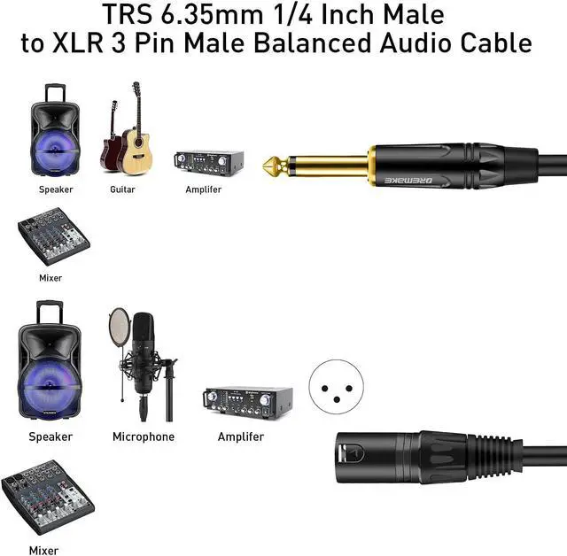 Alt view image 5 of 6 - 10Ft Mono 6.35Mm 1/4 Ts Male To Xlr Male Audio Cable, Jack 6.35Mm To Xlr 3-Pin Interconnect Cord, Quarter Inch To Xlr Unbalanced Mic Cable For Speakers, Stage, Dj, Amp, Studio Audio Console