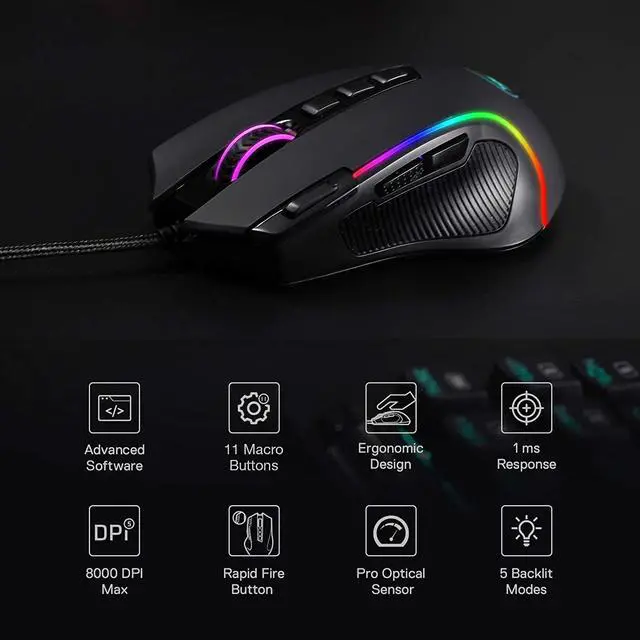 Alt view image 3 of 7 - M612 Predator Rgb Gaming Mouse, 8000 Dpi Wired Optical Gamer Mouse With 11 Programmable Buttons & 5 Backlit Modes, Software Supports Diy Keybinds Rapid Fire Button