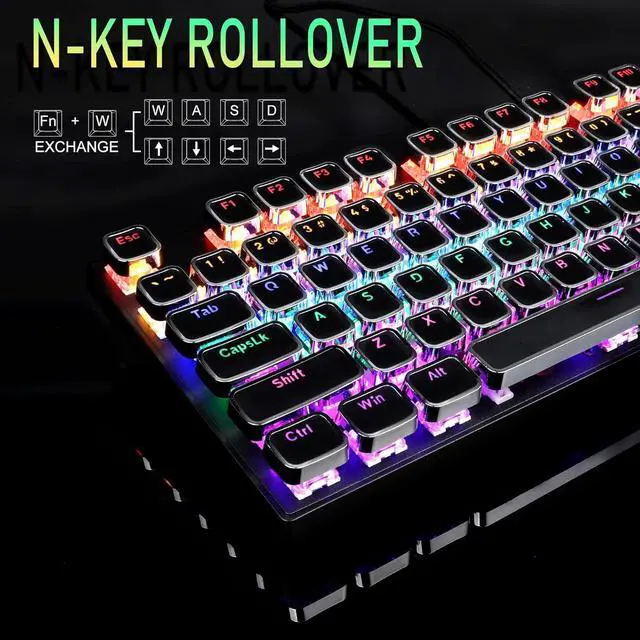 Alt view image 2 of 7 - Zell Typewriter Style Mechanical Gaming Keyboard, Black Retro Punk Gaming Keyboard With Rgb Backlit, 104 Keys Blue Switch Wired Cute Keyboard, Unique Square Keycaps For Windows/Mac/Pc