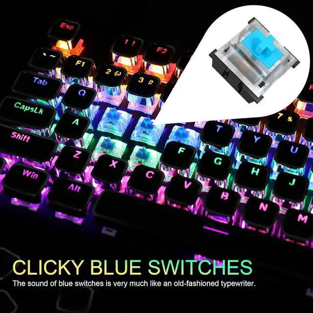 Alt view image 3 of 7 - Zell Typewriter Style Mechanical Gaming Keyboard, Black Retro Punk Gaming Keyboard With Rgb Backlit, 104 Keys Blue Switch Wired Cute Keyboard, Unique Square Keycaps For Windows/Mac/Pc