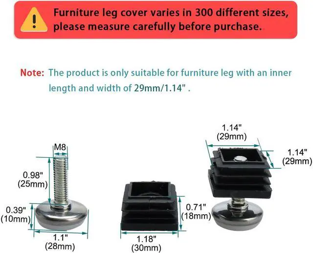Alt view image 2 of 7 - M8 Leveling Feet 30 x 30mm Square Tube Insert Adjustable Furniture Glide 8 Sets