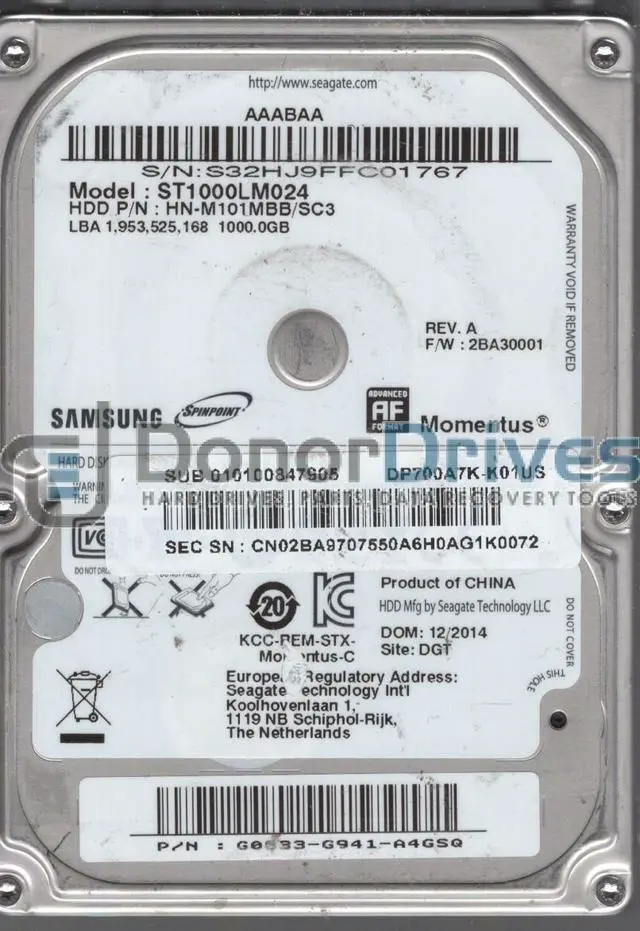 Alt view image 3 of 3 - ST1000LM024, HN-M101MBB/SC3, FW 2BA30001, Samsung 1TB SATA 2.5 Hard Drive