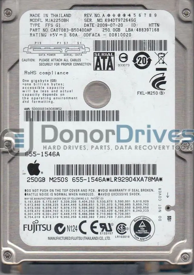 Alt view image 2 of 2 - MJA2250BH FFS G1, PN CA07083-B50400AP, Fujitsu 250GB SATA 2.5 Hard Drive