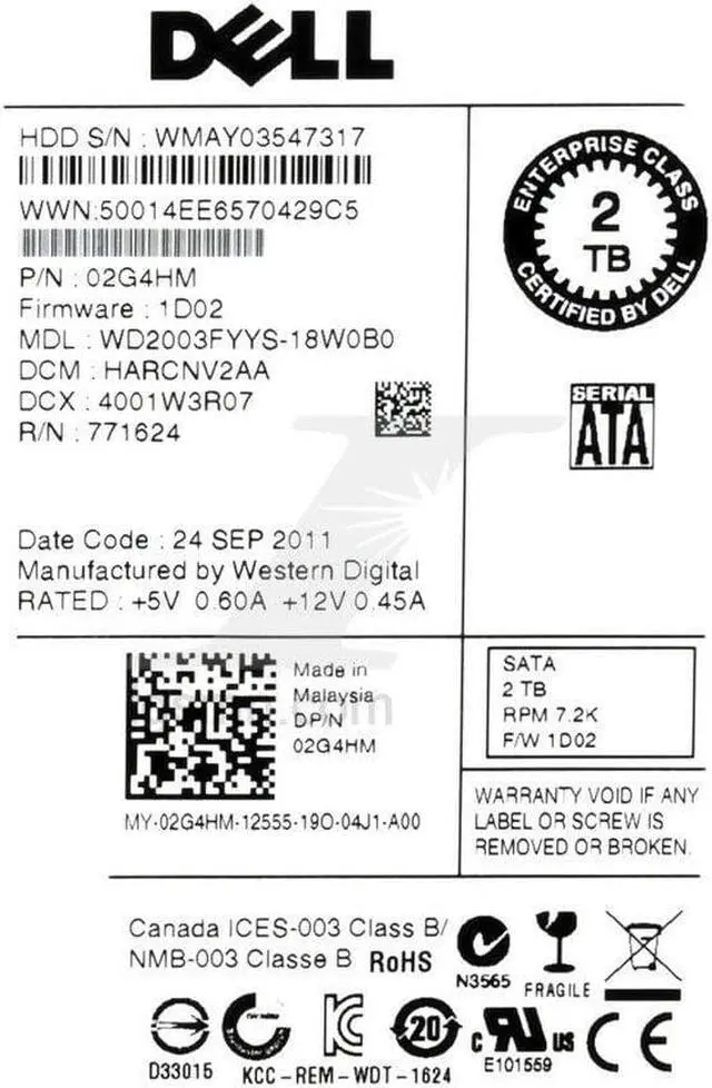 Alt view image 4 of 4 - Dell 2G4HM 2TB 72K 3Gbps 3.5" SATA Internal Hard Drive