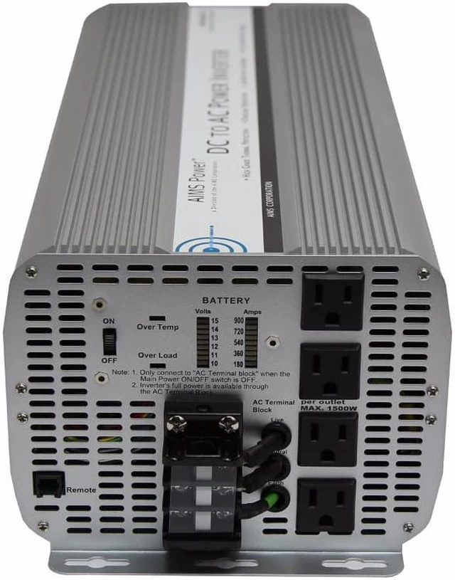 Alt view image 2 of 3 - aims power 8000 watt dc to ac power inverter, 8000w max continuous power, 16000w surge peak power, over temperature led indicator, over load led indicator, ac direct connect terminal block, on/off