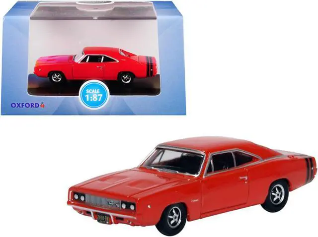 Main image of 1968 Dodge Charger Bright Red with Black Stripes 1/87 (HO) Scale Diecast Model Car by Oxford Diecast