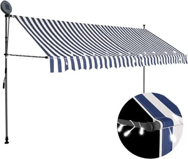 Alt view image 8 of 11 - vidaXL Retractable Awning Patio with Hand Crank and LED 137.8" Blue and White