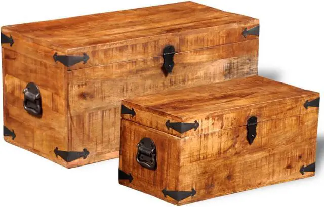 Alt view image 8 of 11 - vidaXL Set of 2 Mango Wood Blanket Toy Storage Chests Boxes Trunks Home Decor