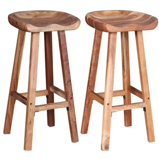 Alt view image 15 of 19 - vidaXL 2x Bar Stool Solid Acacia Wood Kitchen Counter Pub Chair Seat Furniture