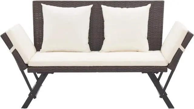 Alt view image 9 of 15 - vidaXL Patio Bench with Adjustable Armrest and Cushions Brown Poly Rattan