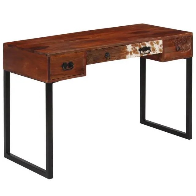 Alt view image 12 of 14 - vidaXL Solid Wood Sheesham Desk with Steel Legs Real Leather 46.1" Writing