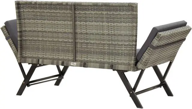 Alt view image 11 of 12 - vidaXL Patio Bench Outdoor Bench with Armrest and Cushions Gray Poly Rattan