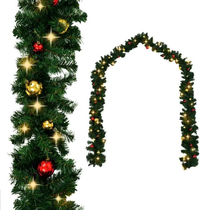 Alt view image 12 of 17 - vidaXL Christmas Garland Artificial Garland with Baubles and LED Lights Green