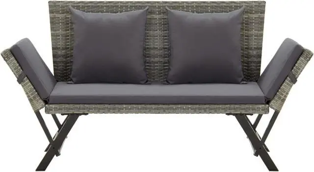 Alt view image 9 of 12 - vidaXL Patio Bench Outdoor Bench with Armrest and Cushions Gray Poly Rattan