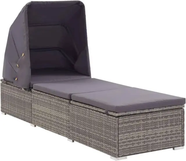 Alt view image 8 of 11 - vidaXL Patio Lounge Chair Sunlounger with Canopy and Cushion Poly Rattan Gray