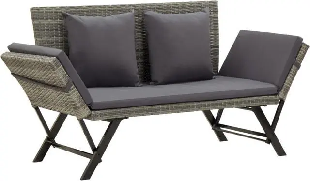 Alt view image 8 of 12 - vidaXL Patio Bench Outdoor Bench with Armrest and Cushions Gray Poly Rattan