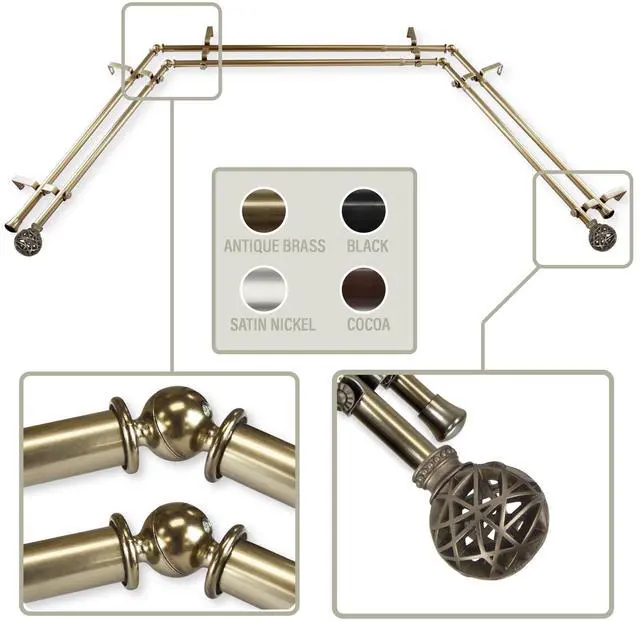 Main image of Ruston 13/16 inch Bay Window Double Curtain Rod 20-36", 38-72" - Antique Brass